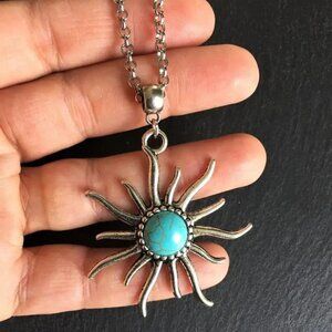 Boho Sunflower Pendant Silver Chain Necklace Cracked Coastal Turquoise Pattern